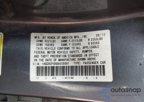 2013 Honda Accord Ex-L z USA, uszkodzony, nr VIN 1HGCR2F8XDA009981